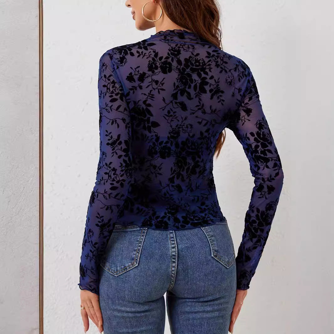 Damen Elegantes Langarm-Oberteil mit floralem Spitzenmuster EB