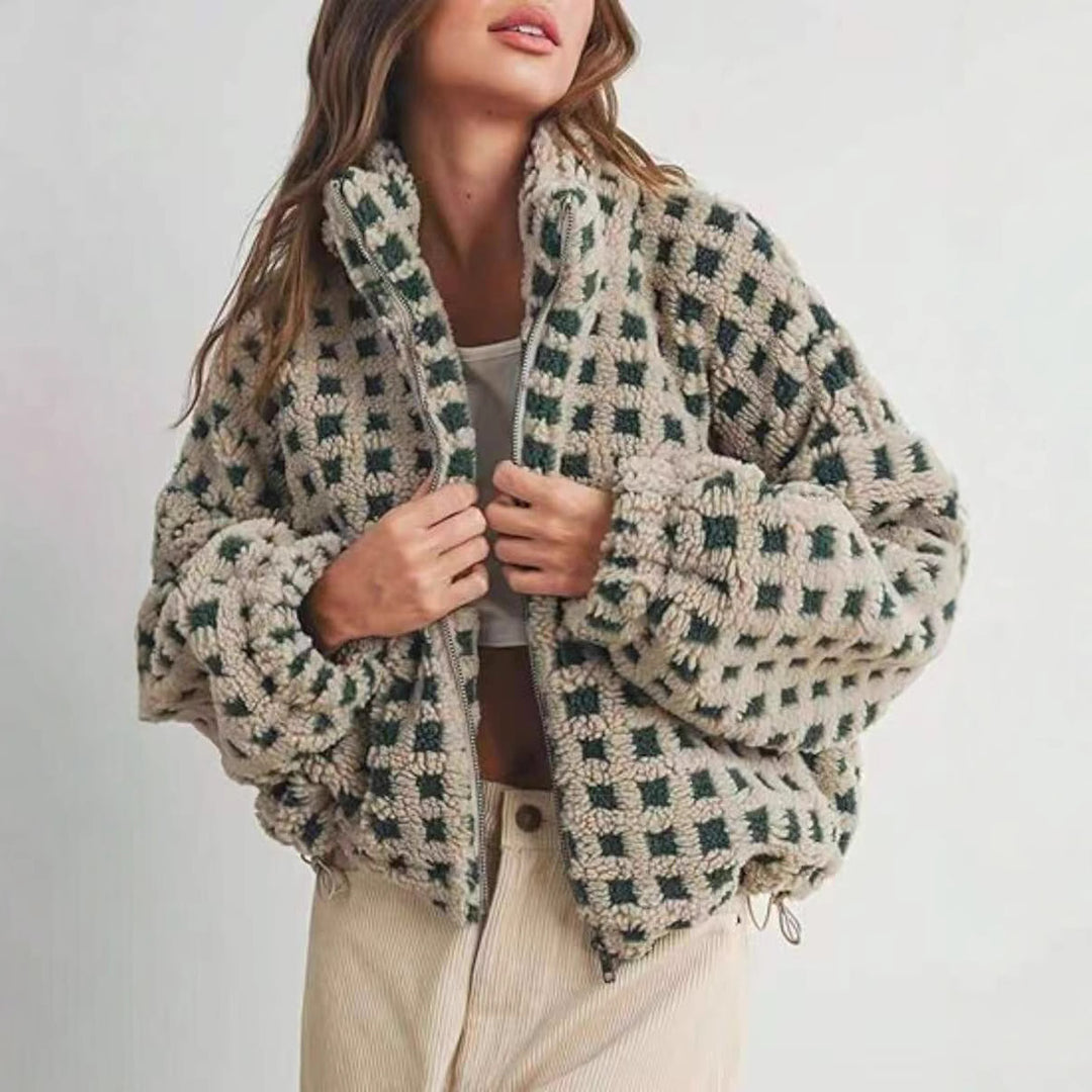 Damen kuschelige Fleecejacke im modernen Karodesign EB