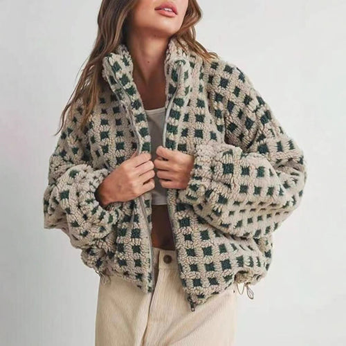 Damen kuschelige Fleecejacke im modernen Karodesign EB