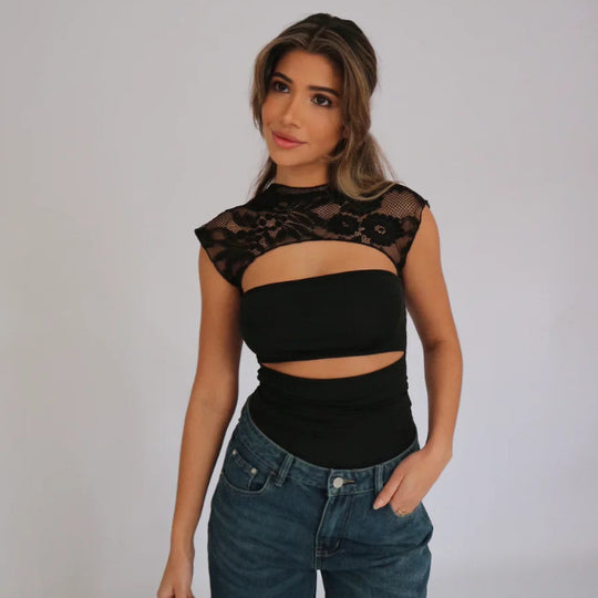 Damen Elegantes Oberteil mit Spitzendetails und Cut-Outs EB