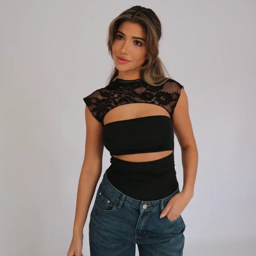 Damen Elegantes Oberteil mit Spitzendetails und Cut-Outs EB