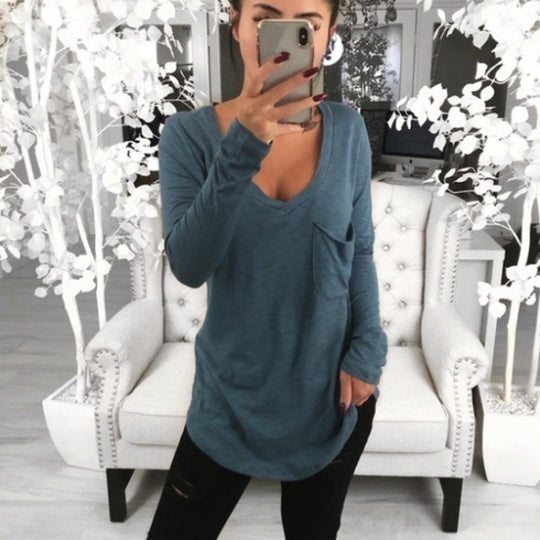 Damen Lässige Oversize Tunika mit V‑Ausschnitt, Brusttasche und verlängertem Saum EB