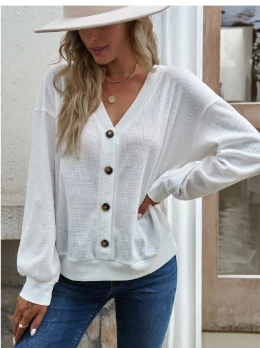 Damen Komfortabler Strickpullover mit V-Ausschnitt und Knopfleiste EB