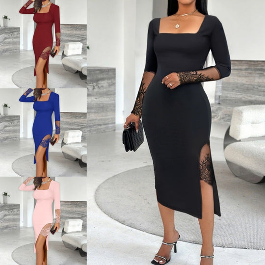 Damen Elegantes Kleid mit Spitzenärmeln und seitlichem Schlitz EB
