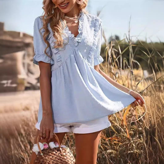 Damen elegantes Sommeroberteil mit Rüschendetails und V-Ausschnitt EB