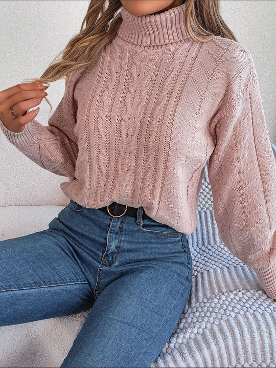 Damen Gemütlicher Strickpullover mit Stehkragen und Zopfmuster EB