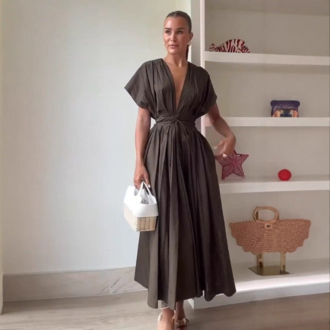 Damen Midikleid mit taillierbarem Bindegürtel und elegantem V-Ausschnitt EB