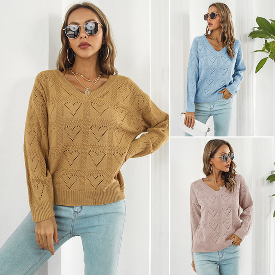 Damen Strickpullover mit Herzmuster und V-Ausschnitt EB