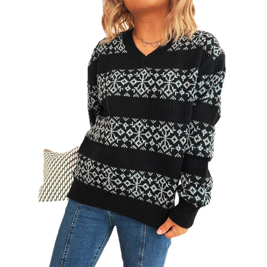 Damen Strickpullover im nordischen Muster mit tiefem V-Ausschnitt EB