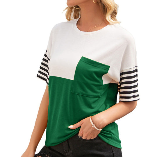 Damen modisches T-Shirt mit gestreiften Ärmeln und aufgesetzter Tasche EB