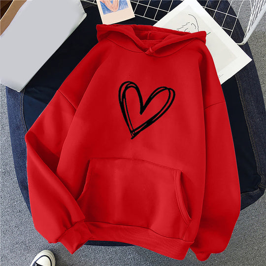 Damen nan oversized Kapuzenpullover mit handgezeichnetem Herzprint, Kängurutasche und weichem Fleece-Innenfutter EB