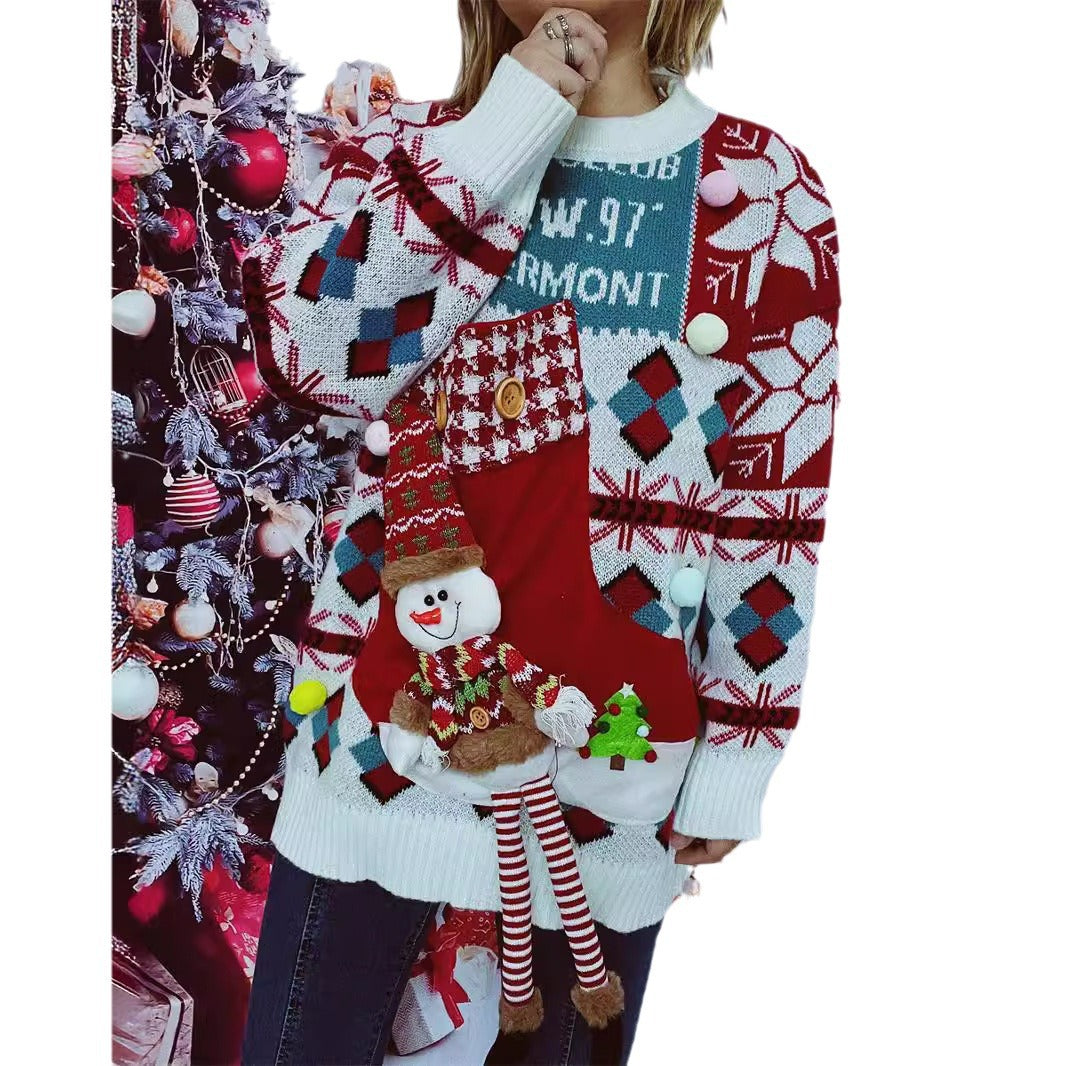 Damen festlicher Pullover mit winterlichem Schneemann-Motiv und dekorativen Details EB