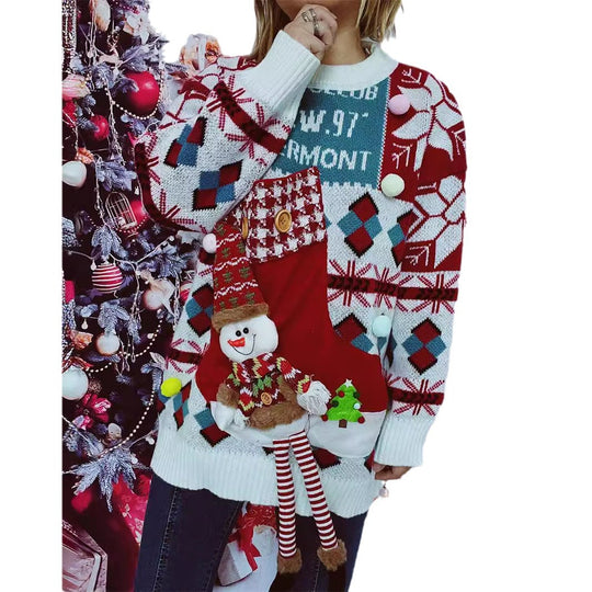 Damen festlicher Pullover mit winterlichem Schneemann-Motiv und dekorativen Details EB