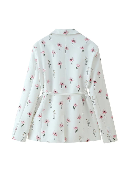 Damen taillierter Blazer mit floralem Muster und Bindegürtel EB