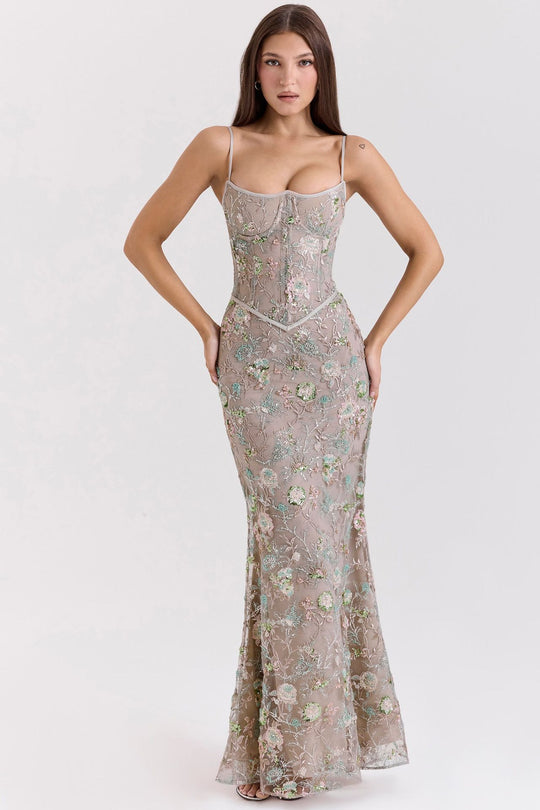 Damen nan elegantes besticktes Abendkleid mit Korsettoberteil und transparentem Spitzenüberzug EB