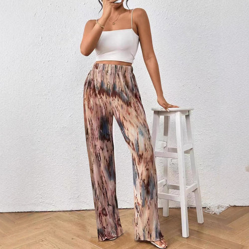 Damen Plissee-Hose mit buntem Muster und elastischem Bund EB