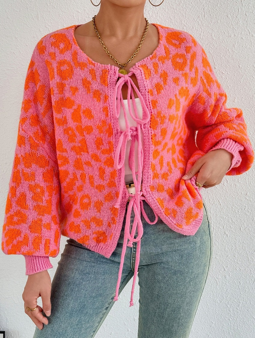 Damen Strickjacke mit einzigartigem Leopardenmuster und verstellbarem Kordelzug EB