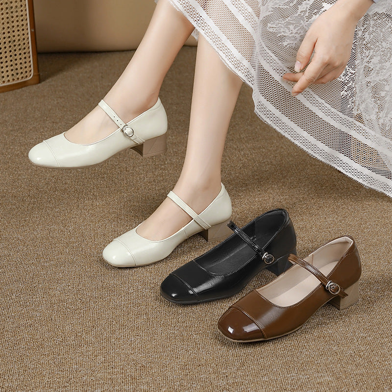 Damen Mary Jane Ballerinas mit verstellbarem Riemen und komfortablem Blockabsatz EB