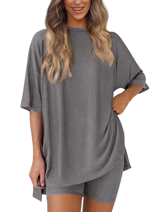 Damen Lässiges Lounge-Set mit übergroßem Oberteil und kurzen Hosen EB