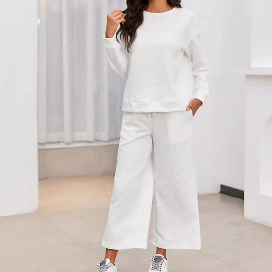 Damen Lässiges Lounge-Set mit strukturiertem Oberteil und weitem Hosen EB