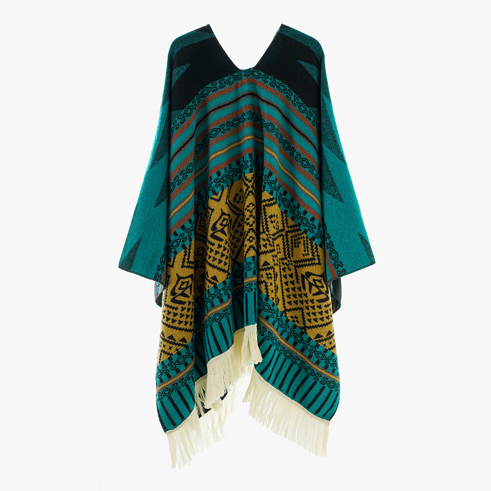 Damen Jacquard‑Ruana im Deckenstil mit V‑Ausschnitt, geometrischem Ethno‑Muster und Fransensaum EB