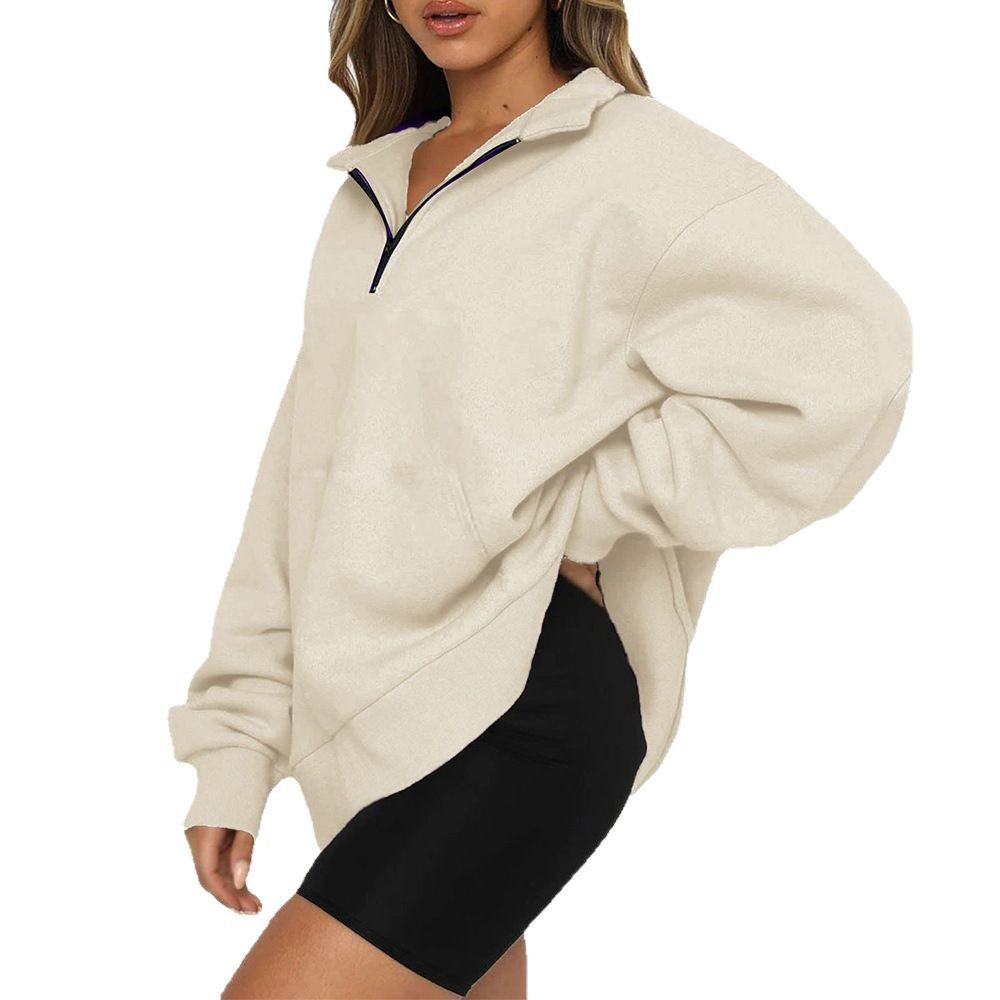 Damen nan Oversize-Halbzip-Kapuzenpullover mit Kängurutasche und verlängertem Saum EB