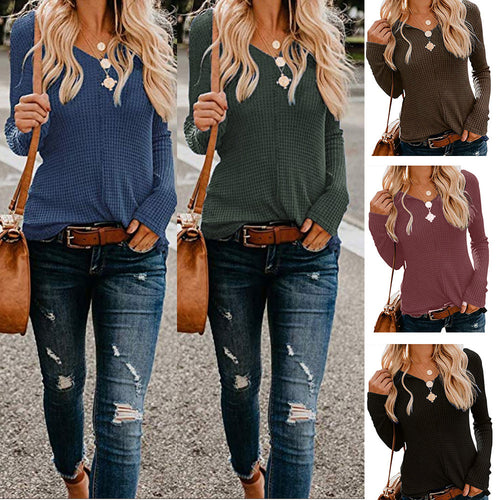 Damen lässiges Langarmshirt mit strukturiertem Waffelmuster und modischem V-Ausschnitt EB