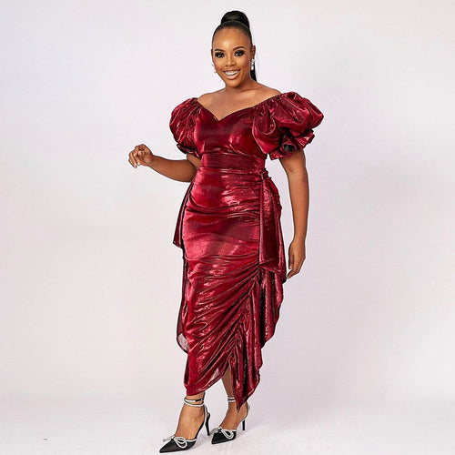 Damen Glamouröses Midi-Kleid mit extravaganten Puffärmeln und Drapierung EB
