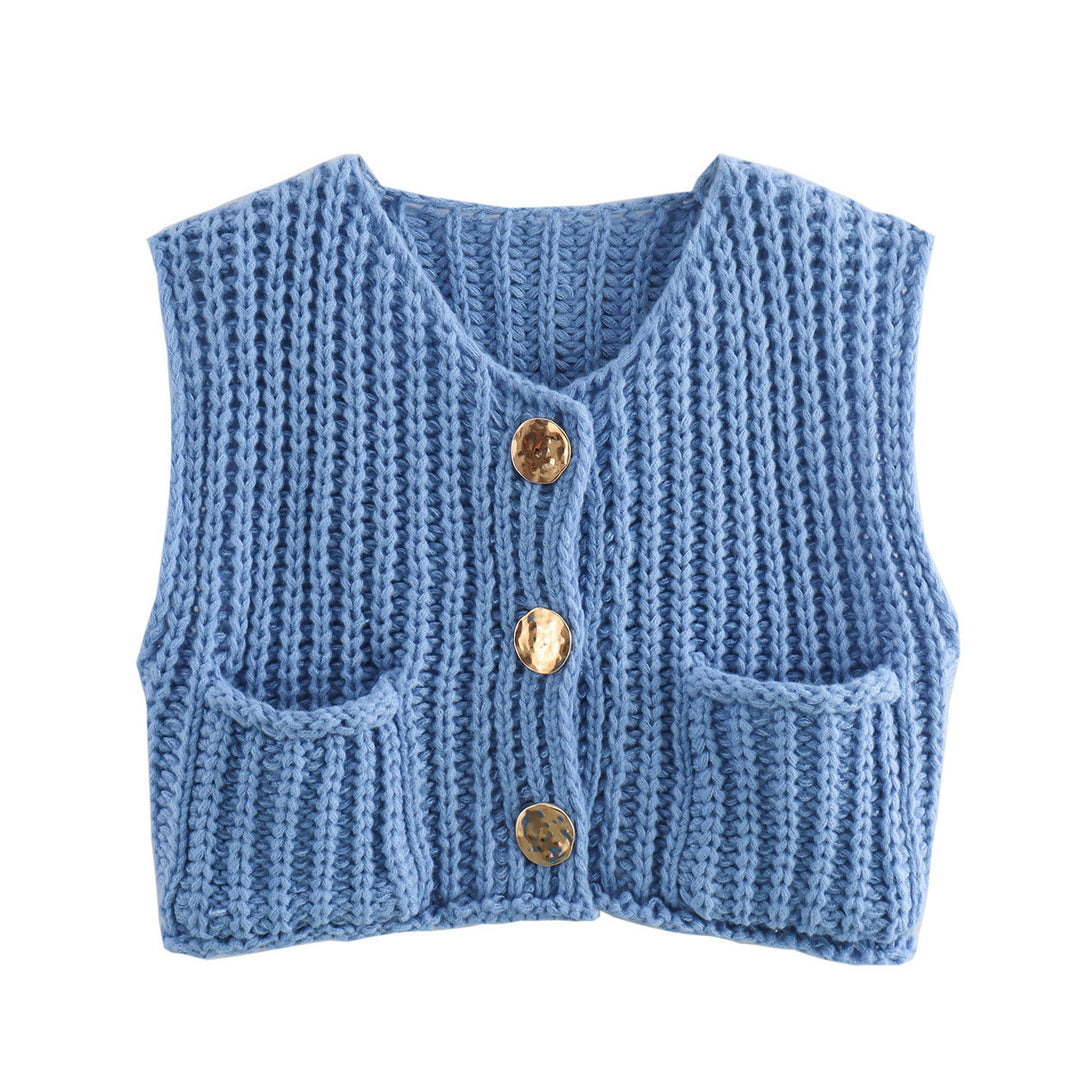 Damen Kurzgeschnittene Ärmellose Strickweste mit V-Ausschnitt und Zierknöpfen EB