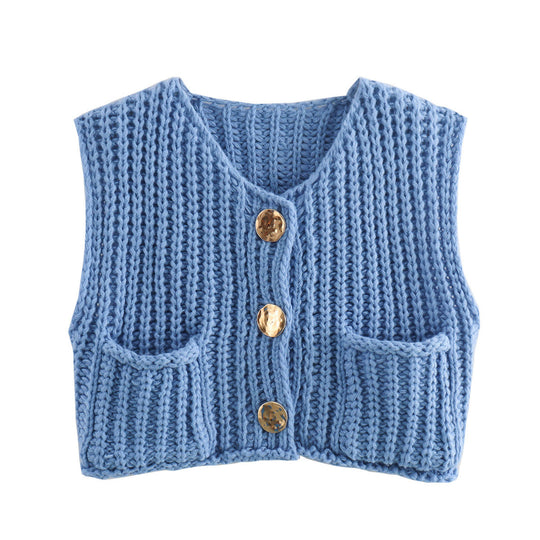 Damen Kurzgeschnittene Ärmellose Strickweste mit V-Ausschnitt und Zierknöpfen EB