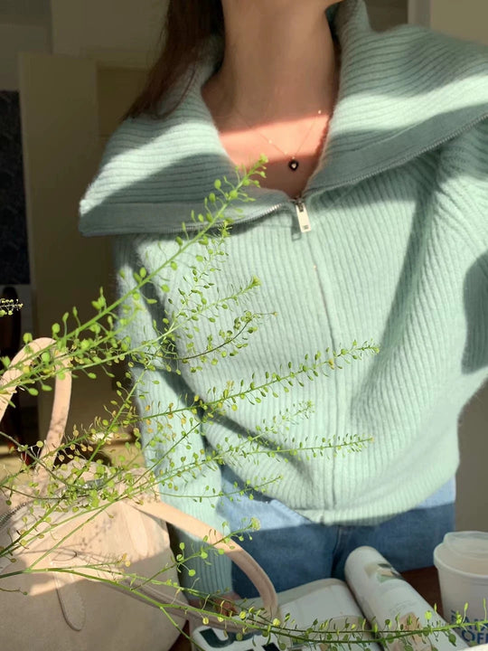 Damen Modischer Oversized-Pullover mit Kragen und Reißverschluss EB
