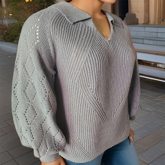 Damen Strickpullover mit V-Ausschnitt und Ballonärmeln EB