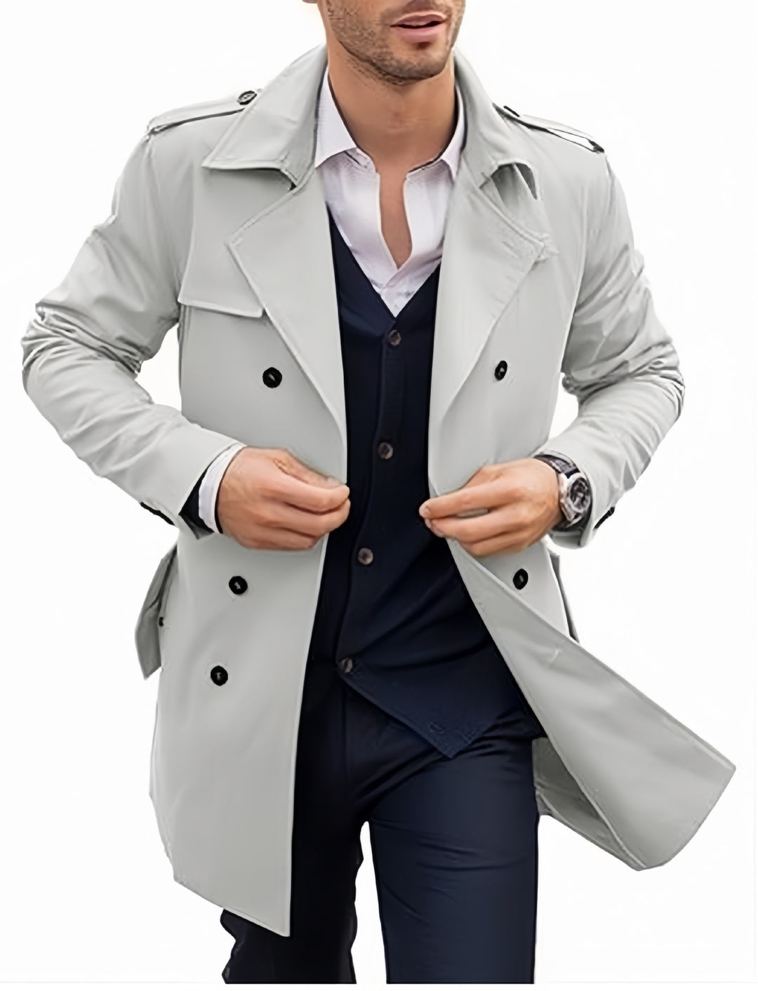Herren eleganter Trenchcoat mit strukturiertem Design und doppelter Knopfleiste EB
