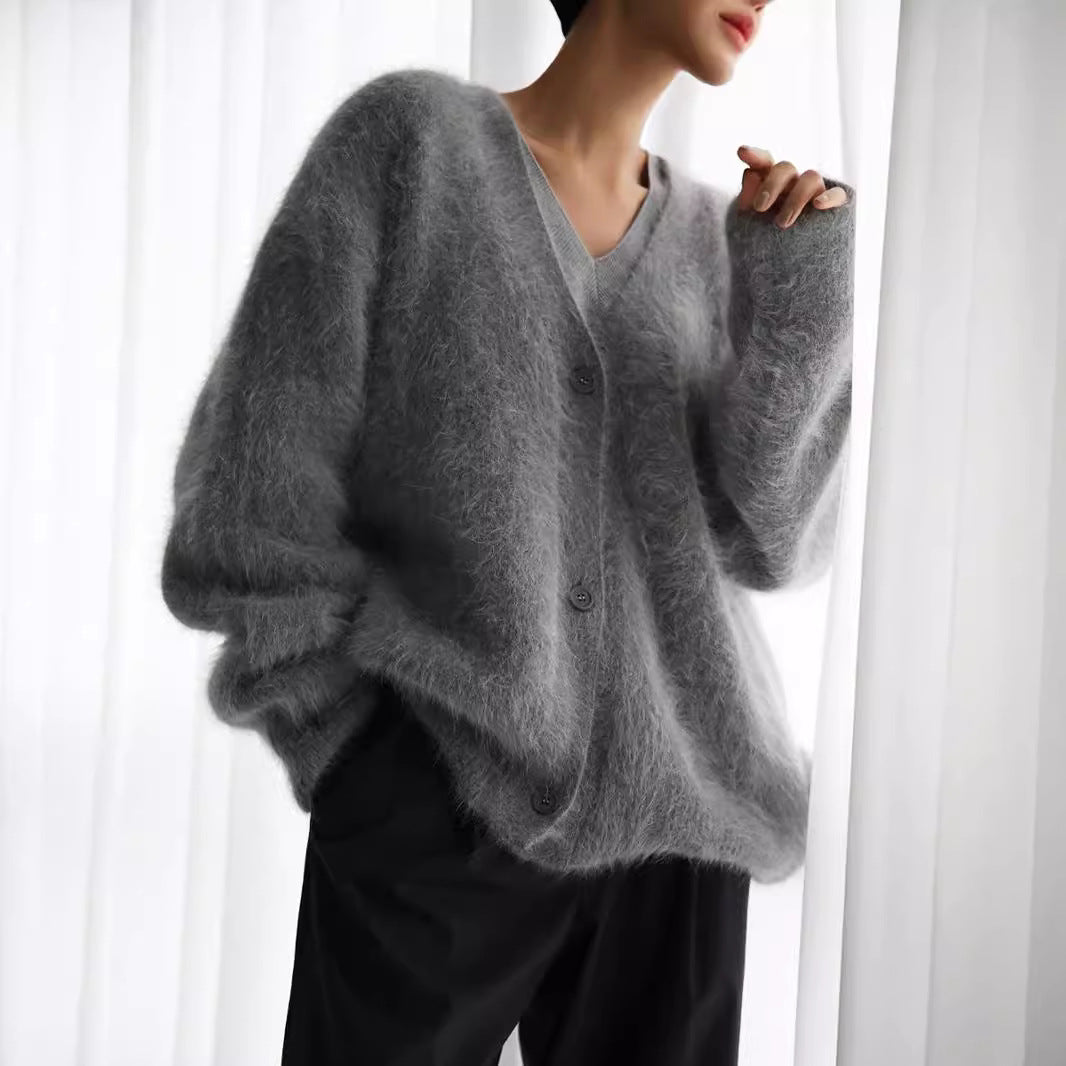 Damen weicher Strickcardigan mit luxuriösem Mohair-Anteil und lässigem Schnitt EB