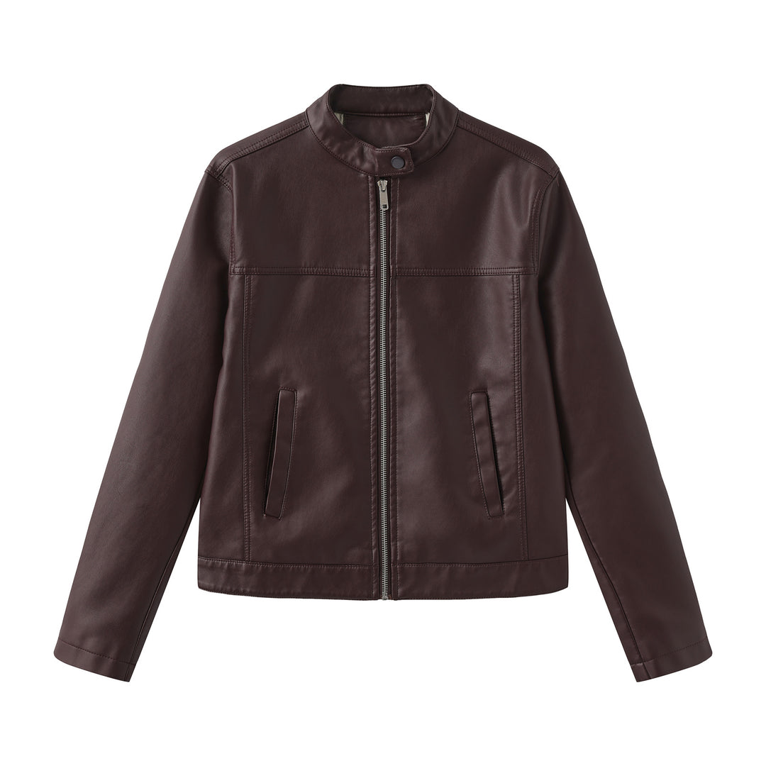 Herren nan minimalistische Kunstlederjacke mit Stehkragen, Metallreißverschluss und eingearbeiteten Seitentaschen EB