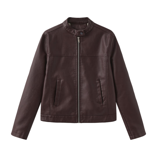 Herren nan minimalistische Kunstlederjacke mit Stehkragen, Metallreißverschluss und eingearbeiteten Seitentaschen EB