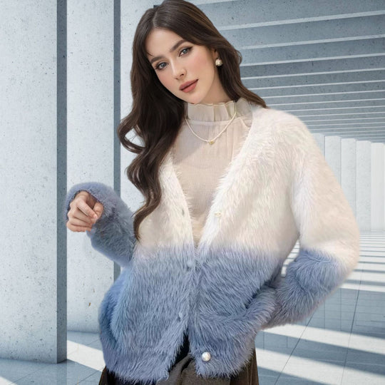 Damen modischer Strickcardigan mit elegantem Kunstfell und Knopfleiste EB