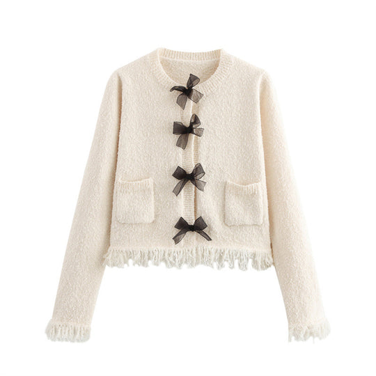 Damen Bouclé-Jacke mit eleganten Schleifen und Fransen EB