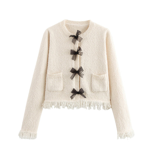 Damen Bouclé-Jacke mit eleganten Schleifen und Fransen EB