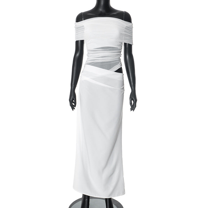 EB | Ein-Wort-Kragen-Plissee-Kleid aus Mesh mit diagonaler Spanne