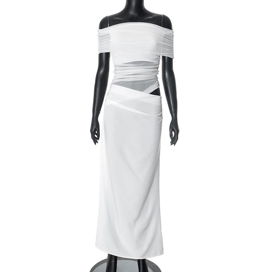 EB | Ein-Wort-Kragen-Plissee-Kleid aus Mesh mit diagonaler Spanne