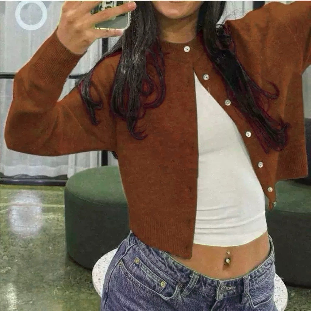 Damen Kurzgeschnittener Knopf-Cardigan im Cropped-Stil mit Rundhalsausschnitt EB