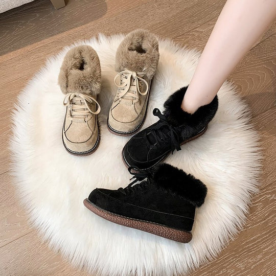 Damen  gefütterte Schnür-Boots mit Kunstfellkragen und rutschfester Plateau-Sohle EB