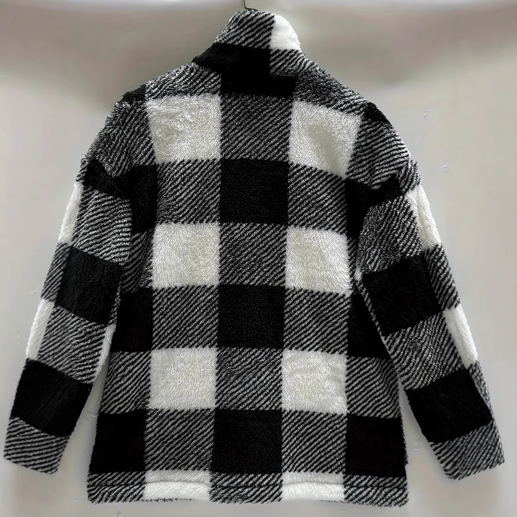 Damen Fleecejacke mit modernes Karomuster und praktischen Taschen EB