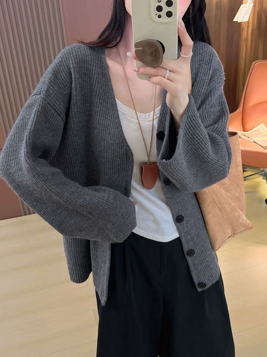 Damen Grob gestrickter Cardigan mit überschnittenen Schultern und Knopfverschluss EB