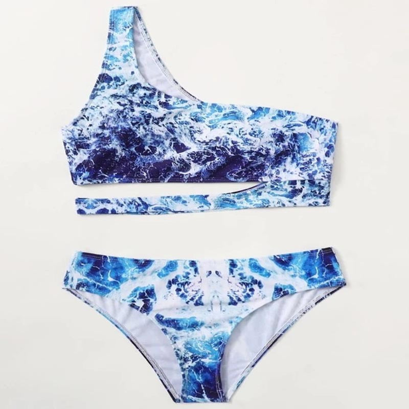 Damen Sport-Bikini mit asymmetrischem Schnitt und modischem Wasser-Motiv EB