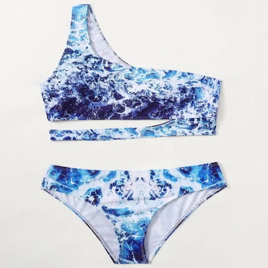 Damen Sport-Bikini mit asymmetrischem Schnitt und modischem Wasser-Motiv EB