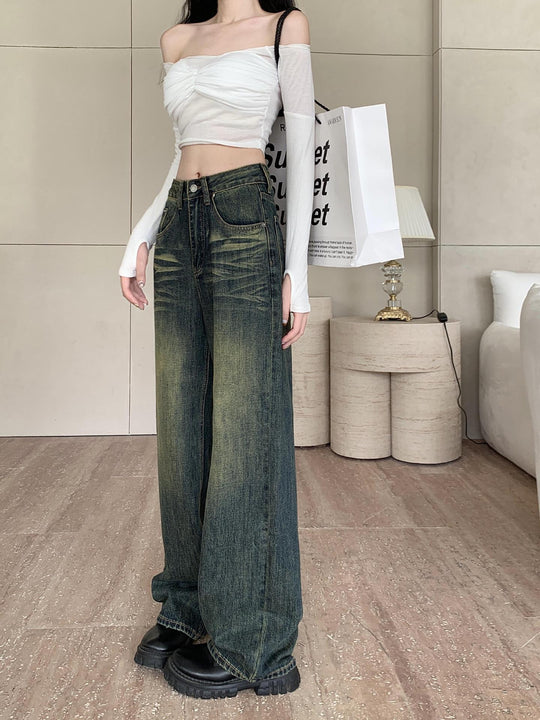 Damen weite Denim-Hose mit modernem High-Waist Schnitt und einzigartiger Waschung EB