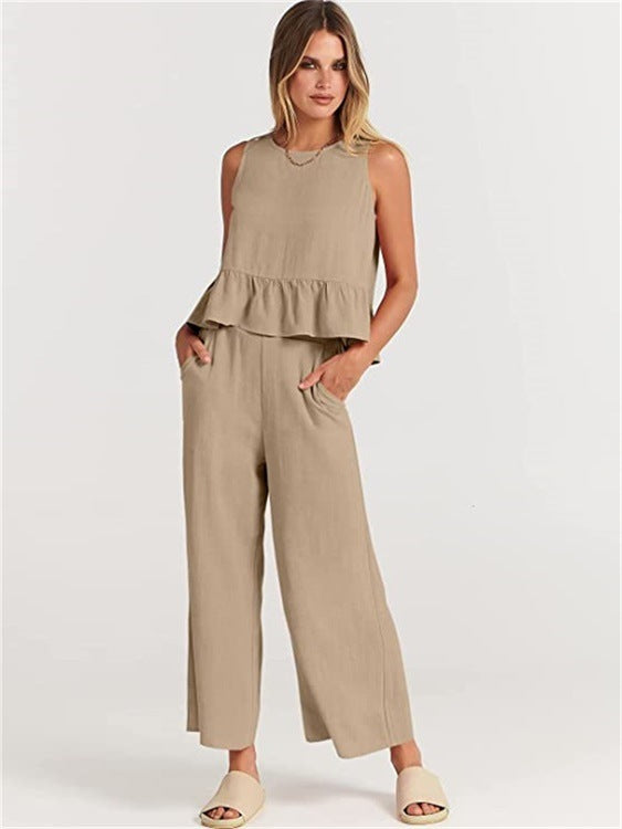 Damen Zweiteiler-Set mit schickem Peplum-Oberteil und weit geschnittenen Hosen EB
