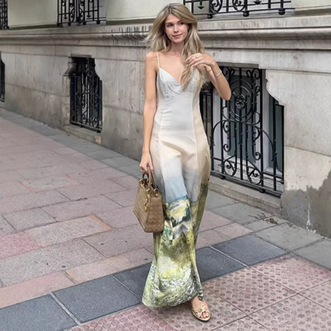 Damen Maxikleid mit kunstvollem Landschaftsdruck EB
